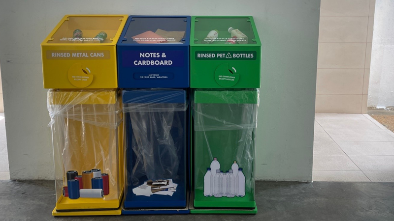 Recycling bins at Dover Campus