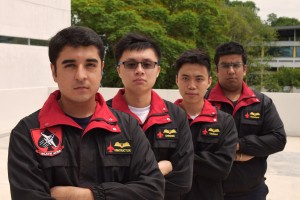 Members of Black Aces (from left) Vishal Jaswani, Samuel Loh, Benson Tan and Kalenji Singh sporting jackets bearing the black aces logo badges and individual call-signs, won the best presentation award and second place for best video in the SAFMC 2014 open category. (26 March 2014) Photo | SIT Royson Poh