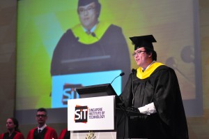Bryan Yeo, valedictorian for class of 2014, DigiPen Institute of Technology, making his speech at the SIT Graduation Ceremony 2014 (16 May 2014). Photo | SIT