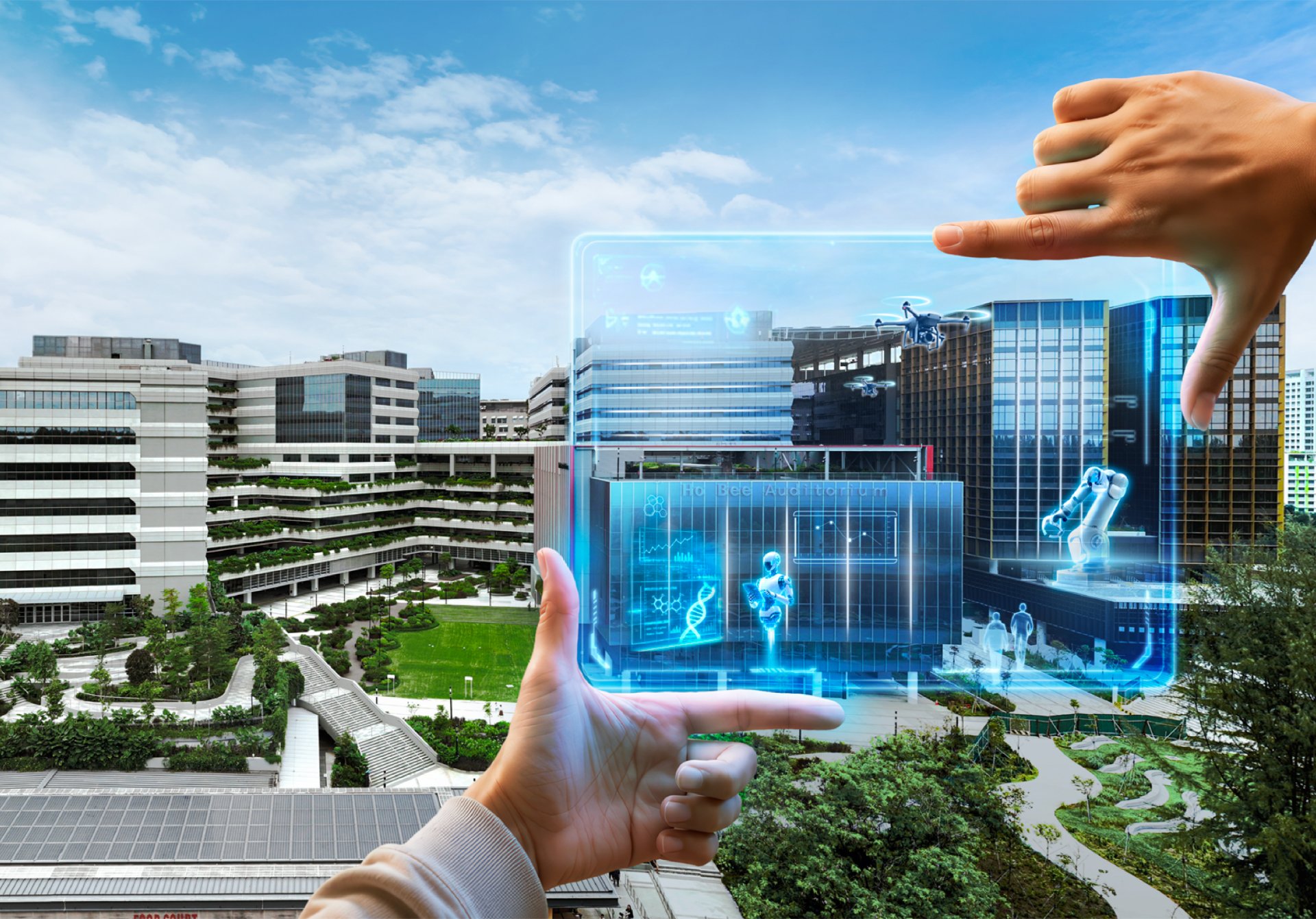 SIT Punggol Campus with a holographic model of the campus held between two hands
