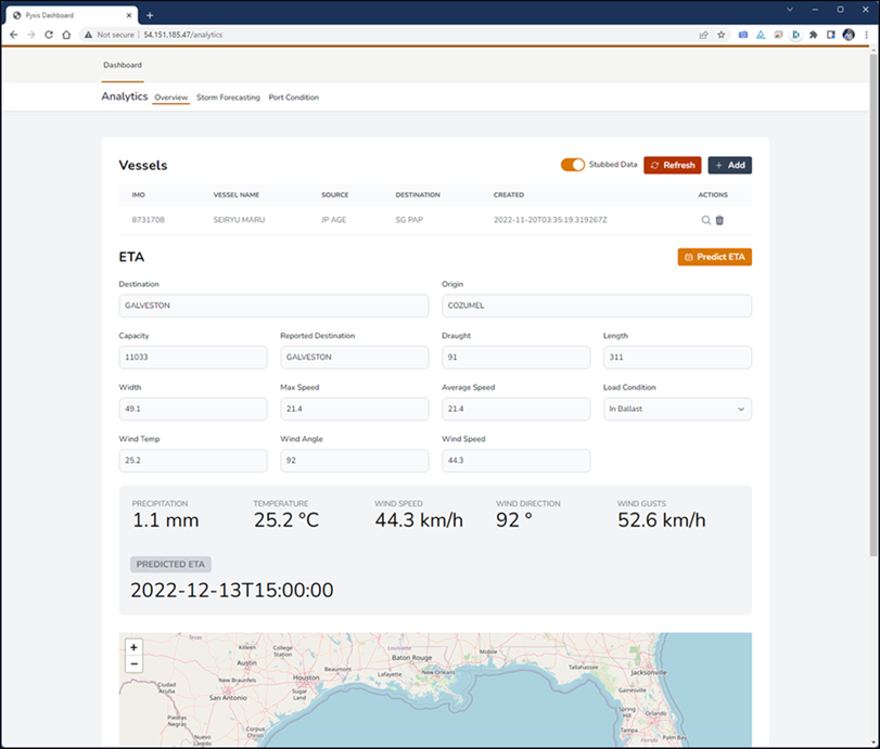 A web browser screenshot of the Pyxis Dashboard analytics interface. The page displays vessel information, including IMO number and name, alongside an "ETA Prediction" form with input fields for voyage parameters like destination, draught, and weather conditions (wind speed, temperature, and precipitation). A map preview is visible at the bottom of the page.