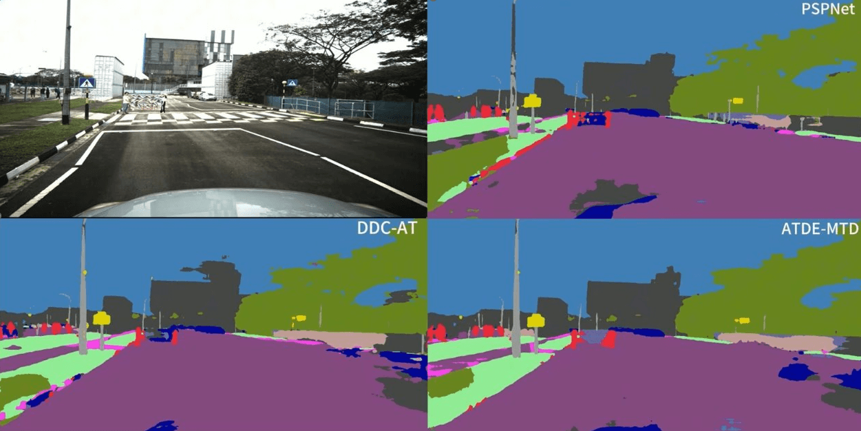 Four-panel comparison of PSPNet, DDC-AT, and ATDE-MTD semantic segmentation models on a road scene with color-coded object masks.