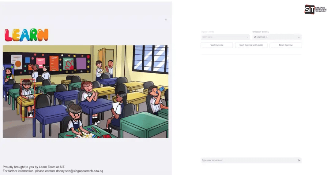 Screenshot of the "LEARN" digital educational platform by the Singapore Institute of Technology (SIT), featuring an interactive classroom illustration where a student is highlighted with a red bounding box next to an exercise selection interface.