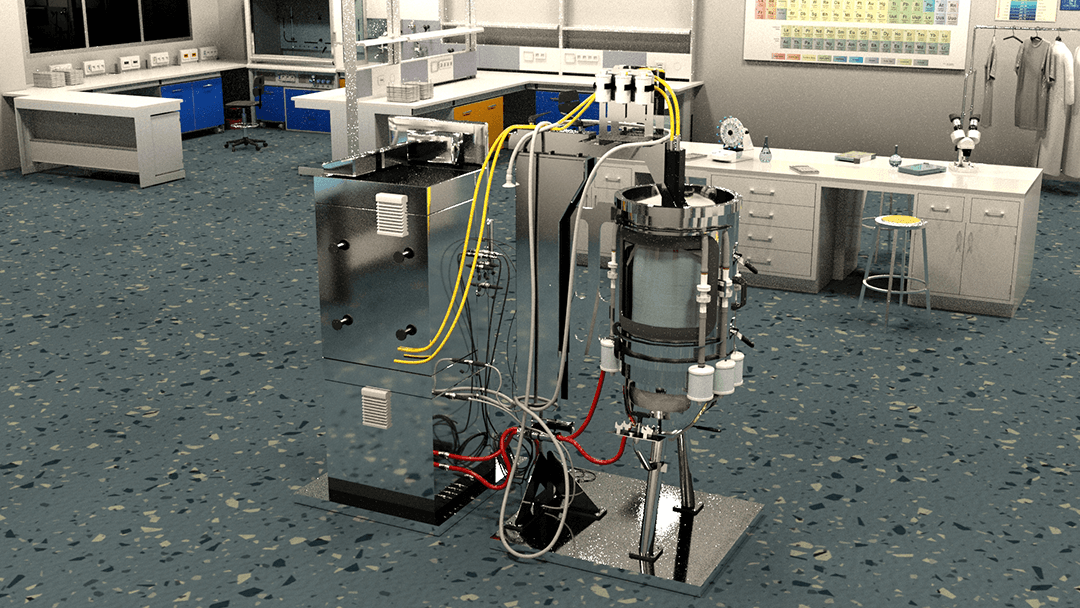 A 3D render of a laboratory environment featuring complex scientific machinery with visible tubing and wiring in the foreground, set against a background of lab benches, a periodic table, and chemical equipment.