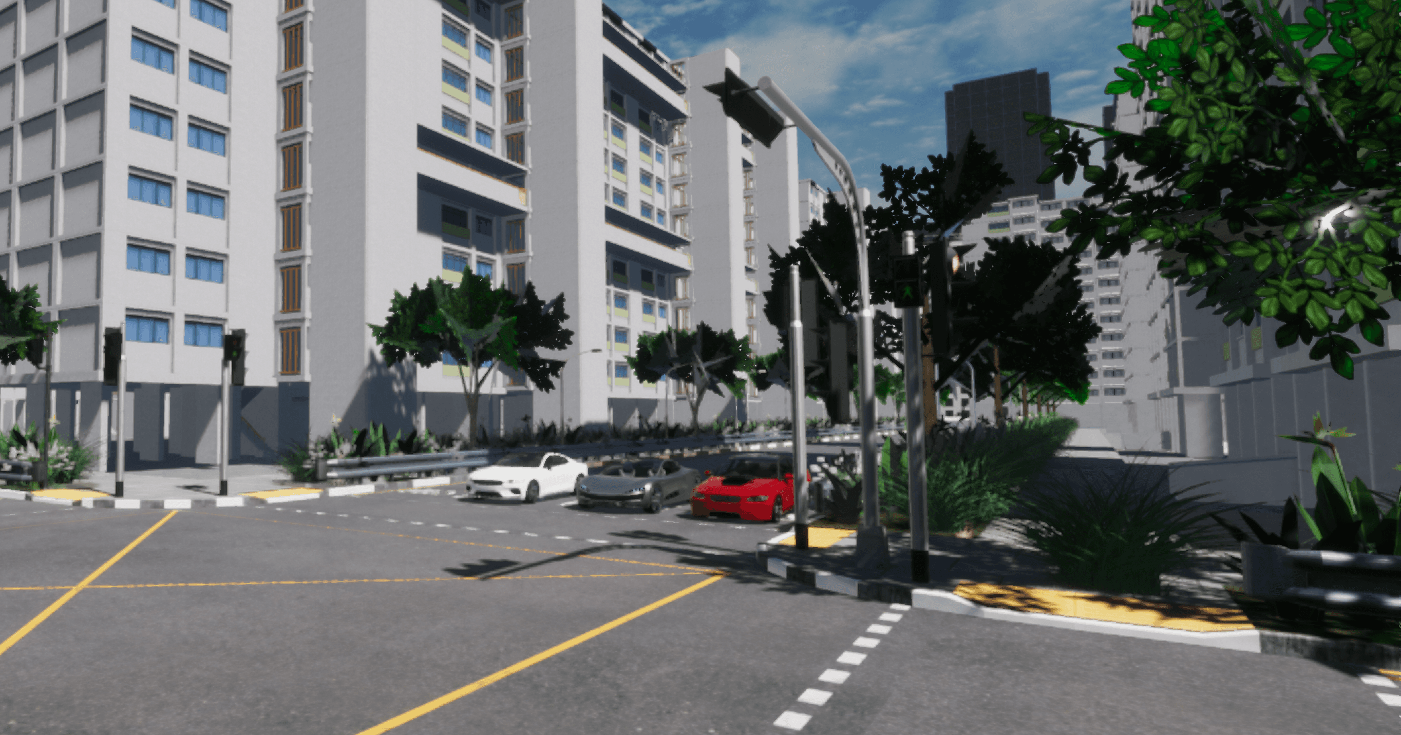A 3D urban simulation showing a three-car intersection in front of high-rise apartment buildings. A white, a grey, and a red car are stopped at a junction featuring traffic lights, crosswalks, and lush green trees under a bright sky.