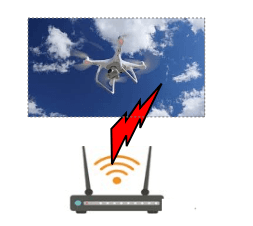 A conceptual illustration showing a white quadcopter drone in flight against a blue sky, connected to a wireless router by a large red jagged lightning bolt icon, representing a signal transmission or a cybersecurity attack.