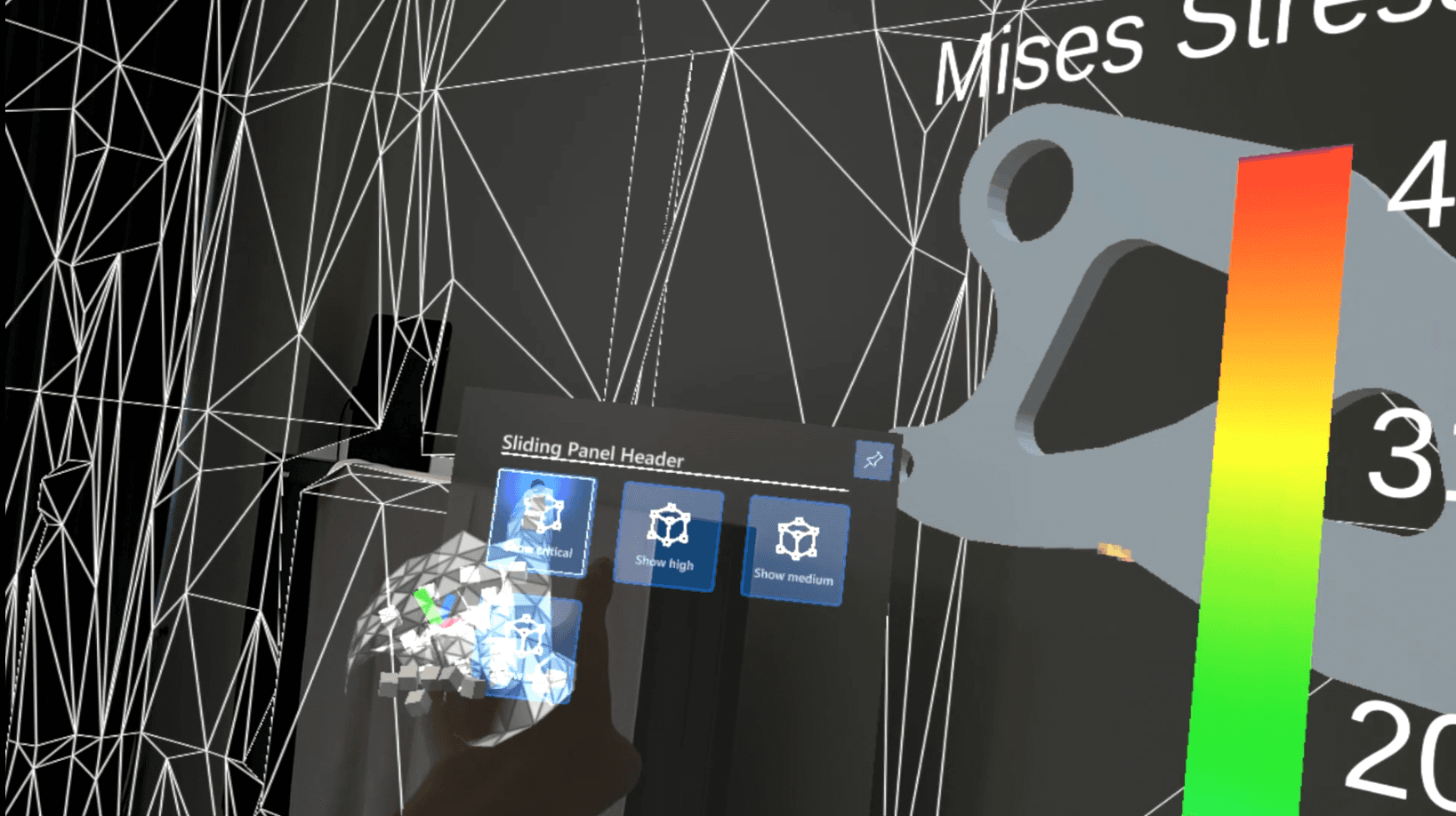 A first-person view of a Virtual Reality (VR) engineering simulation showing a 3D structural component under a "von Mises Stress" analysis. The user's hand interacts with a floating "Sliding Panel" menu containing options like "Show critical" and "Show high," with a color-coded stress scale visible on the right.