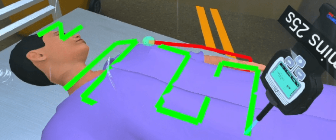 A virtual reality medical training simulation showing a patient lying down with green digital outlines on their chest, being scanned by a handheld ultrasound probe.