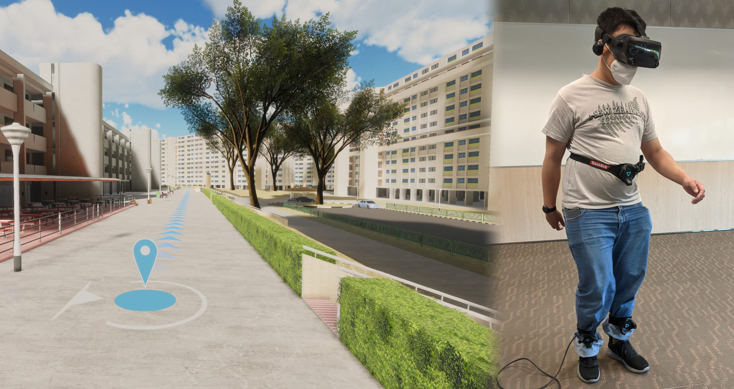 A split-screen image showing a virtual outdoor residential environment on the left, and a person wearing a VR headset and body tracking sensors standing in a room on the right