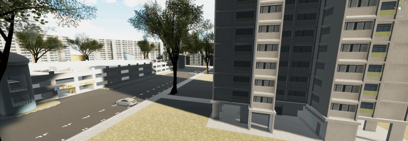 A digital render of a residential neighborhood with tall apartment buildings, a parking garage, and roads in a city setting.