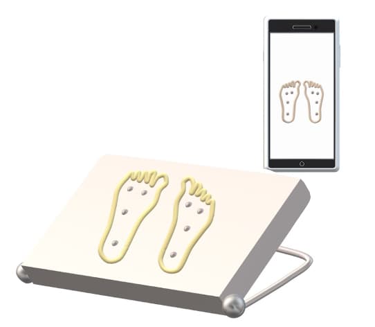 A conceptual illustration showing a specialized footpad with foot-shaped outlines and sensors, connected to a smartphone display that shows a mirrored view of the footprints.