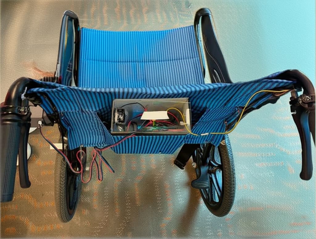 A rear-view close-up of a manual wheelchair featuring a custom electronics enclosure mounted to the backrest, with exposed wiring and circuitry visible.