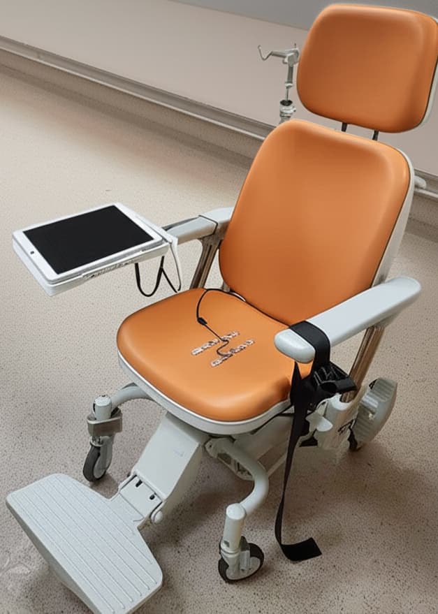 An orange medical-style chair with a built-in footrest and a side-mounted tablet holder, designed for patient use in clinical or research settings.