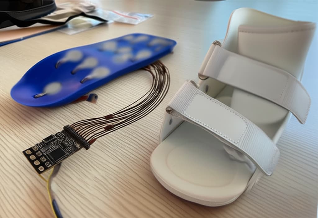 A prototype sensor insole featuring a blue silicone base with embedded pressure sensors, connected via wiring to a small microcontroller circuit board, sitting next to a white medical brace.