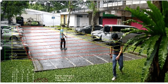 Surveillance camera footage showing a parking area with an automated pedestrian detection system. The system overlays colored grids (green, yellow, and red) over the road and pedestrian paths to monitor zones, and draws bounding boxes around people to calculate risk factors in real-time.