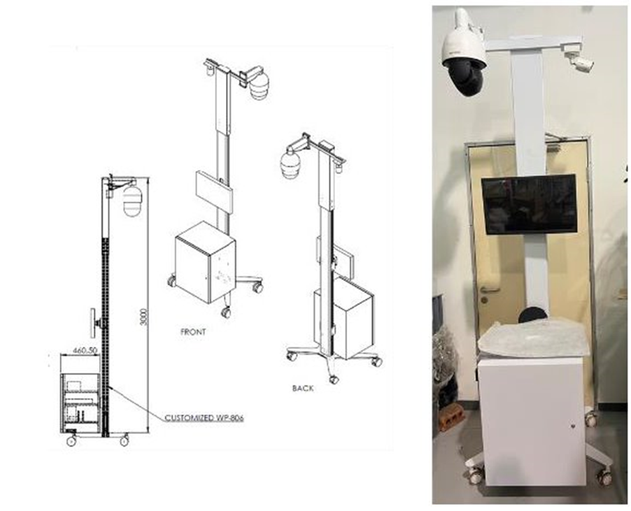A technical diagram and a corresponding photograph of a custom mobile surveillance unit, model WP-806. The schematic shows the unit's dimensions and front and back views, while the photograph shows the assembled white metal stand equipped with a camera, monitor, and equipment cabinet on casters.