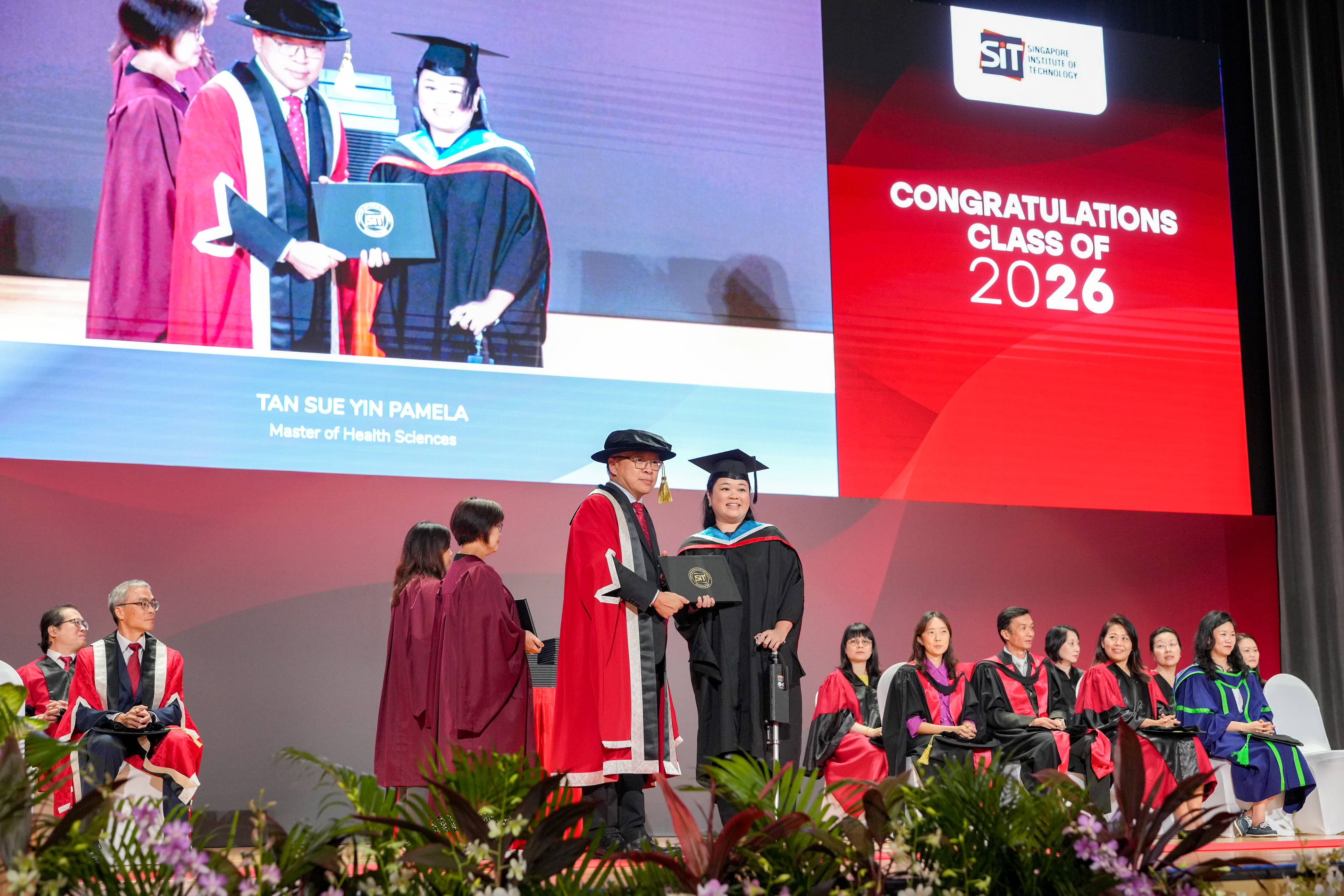 Pamela Tan receives her Master of Health Sciences (Organ Transplant Nursing) at SIT Convocation 2026. (SIT Photo: Keng Photography)