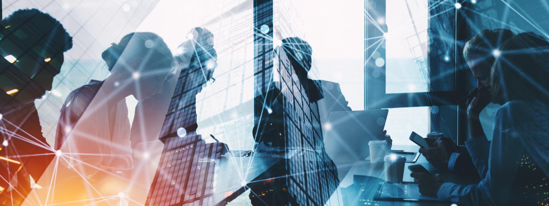 Silhouettes of professionals engaged in workplace learning activities with a blue digital connectivity overlay, representing the National Centre of Excellence for Workplace Learning.