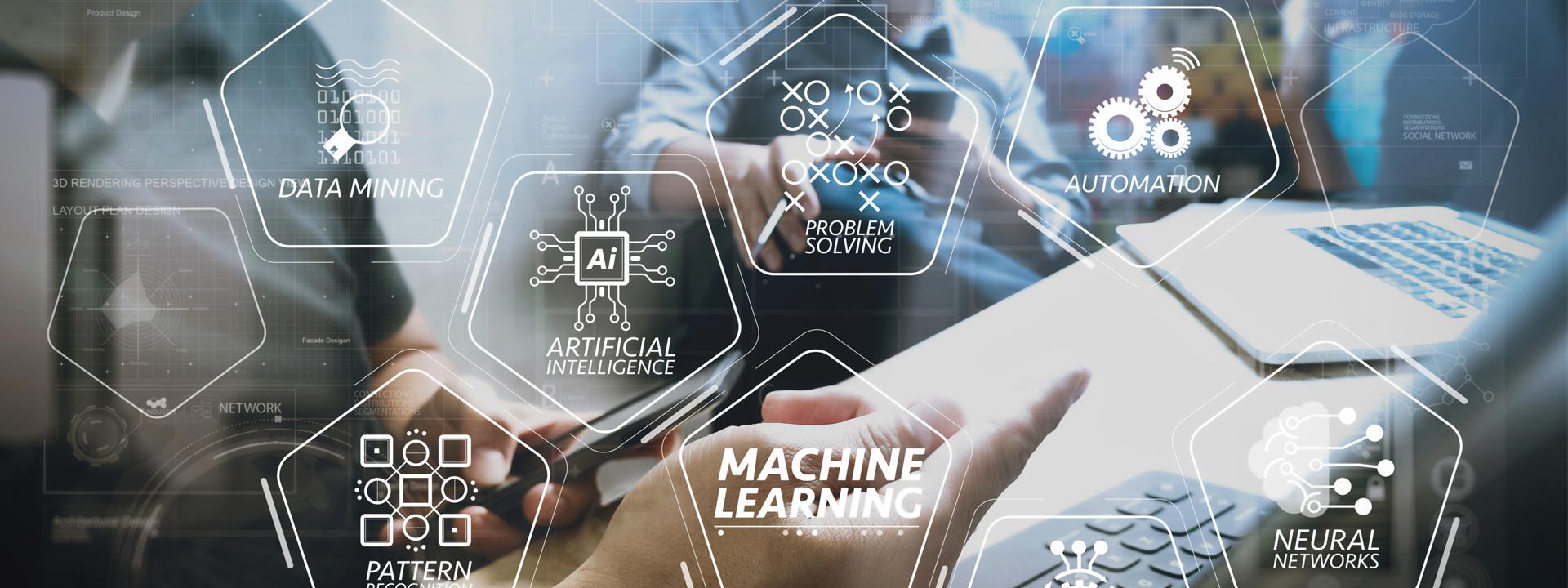 Graphic illustrating data science concepts like AI, Machine Learning, and Pattern Recognition