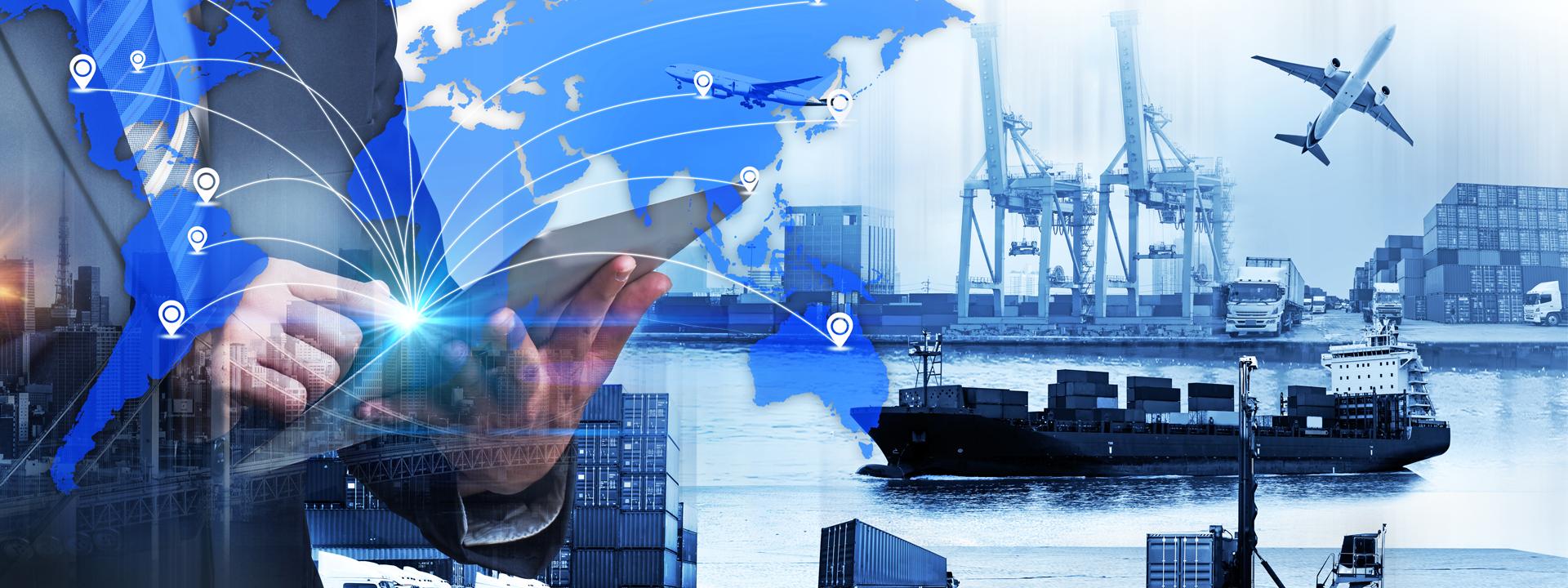 The intersection of technology and global logistics with visuals of data networks, shipping containers, and air freight